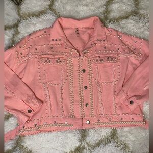 Pink Denim Pearl and Rhinestone Jacket
